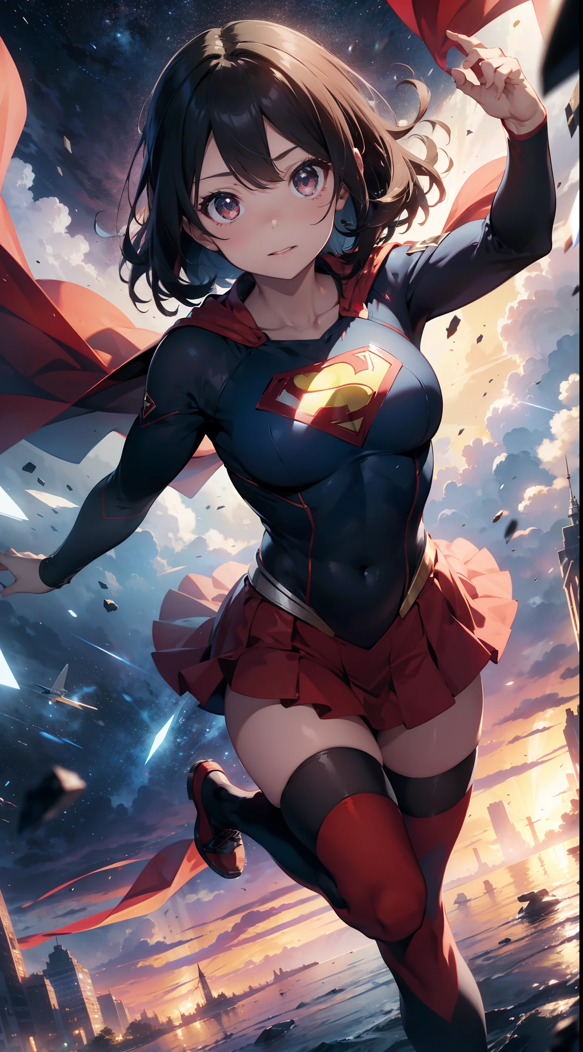Two-dimensional painting style,Supergirl ,Image of a beautiful brunette woman with black eyes, hdr(HighDynamicRange), Ray traching, NVIDIA RTX, Hyper-Resolution, Unreal 5, Subsurface dispersion, PBR Texture, Post-processing, Anisotropy Filtering, depth of fields, Maximum clarity and sharpness, Many-Layer Textures, Albedo e mapas Speculares, Surface coloring, Accurate simulation of light-material interactions, perfectly proportions,rendering by octane,twotonelighting,largeaperture,Low ISO,White balance,trichotomy,8K raw data,The Superman S symbol is used on the chest,There are long and wide red capes,Wide red cape,short red dress,the sky background。