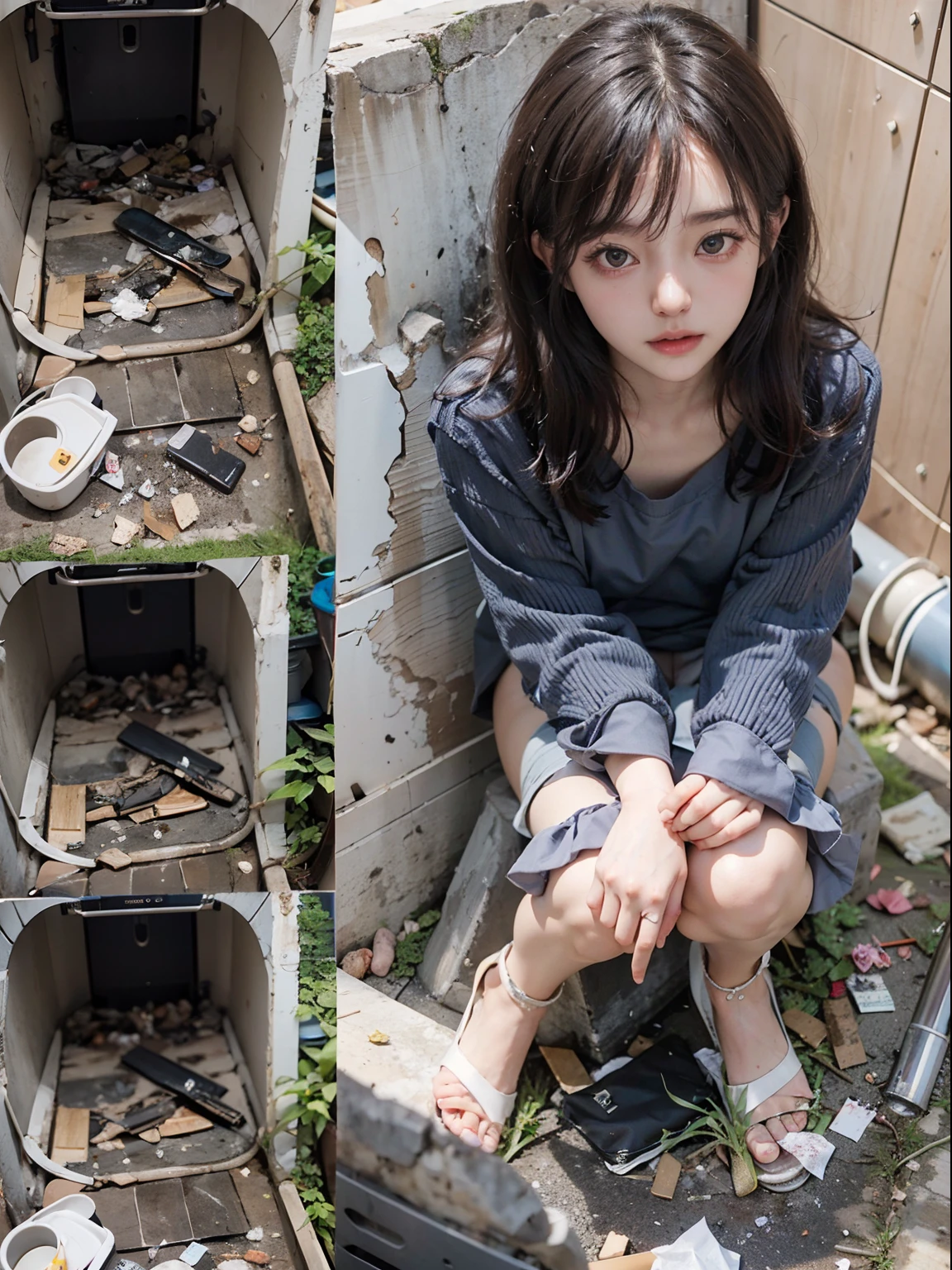 abandoned toilet，Garbage all over the ground，18 year old Korean girl，Very beautiful body，Slim legs，very beautiful long slim legs，Random nudity，exhibitionists，Random exposure of her genitals