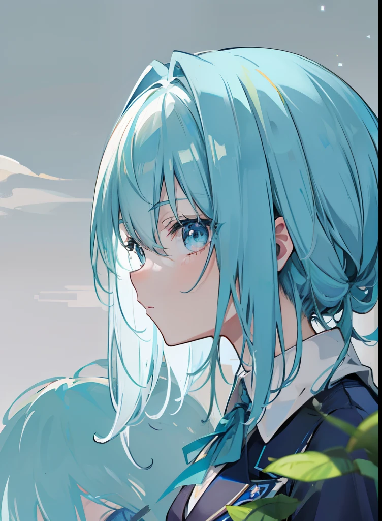 lightblue hair,dual horsetail,Blue pupil,Green and white school uniforms,A cute cute girl