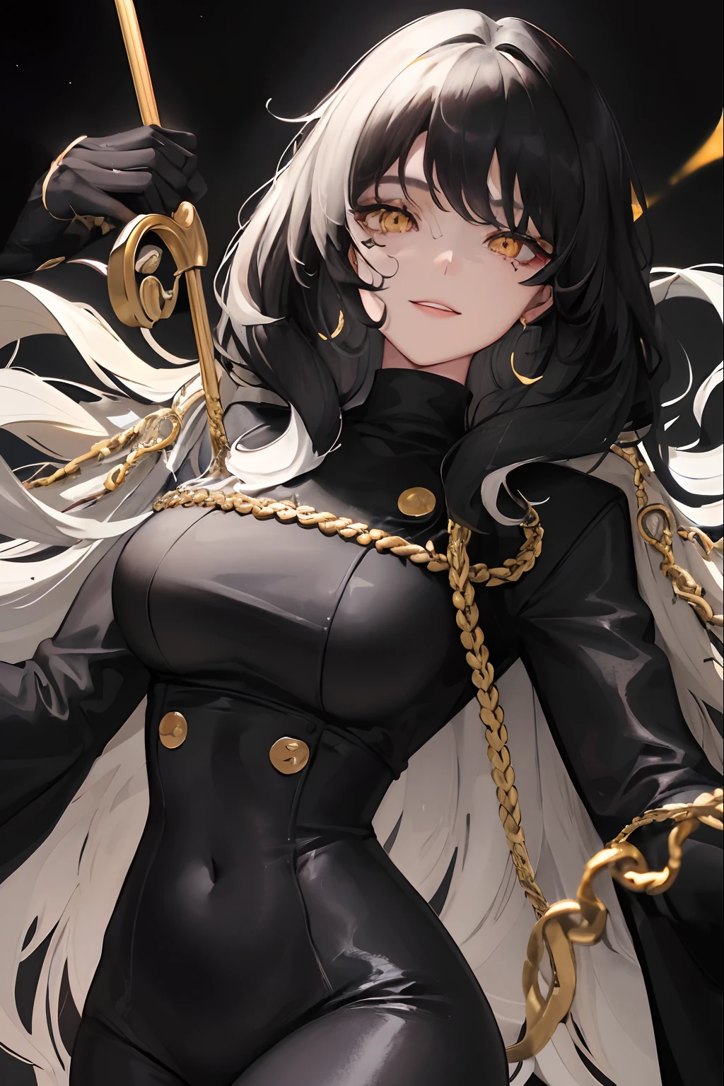 1woman, ((long wavy half-white, half-black hair)), swept bangs, ((golden eyes)), fake smile, unnerving smile, black turtleneck, pirate coat, dark sky, pretty eyes