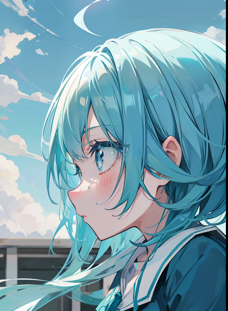 lightblue hair,dual horsetail,Blue pupil,Green and white school uniforms,A cute cute girl