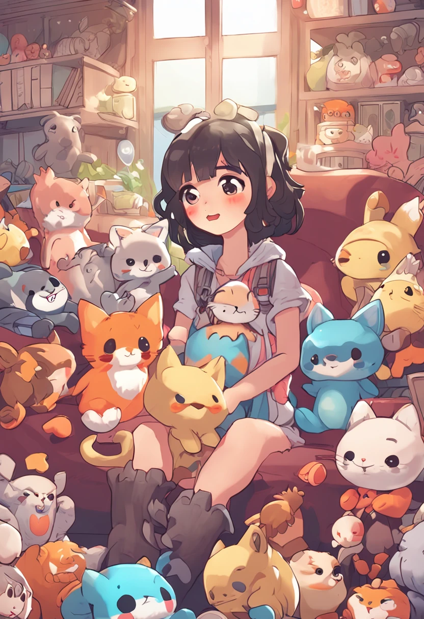 Anime girl with lots of stuffed animals and a cat, Arte digital detalhada e fofa, por Ryan Yee, Lindo estilo de arte, Digital Painting Acessável, lindo arte digital, Cute detailed illustrations, Digital anime illustration, 3D render arte oficial, Arte oficial de alto detalhe, official character illustration, Anime estilizado, kawaii hq render, Pokémon Art Style, cute illustrations, Fanart detalhado