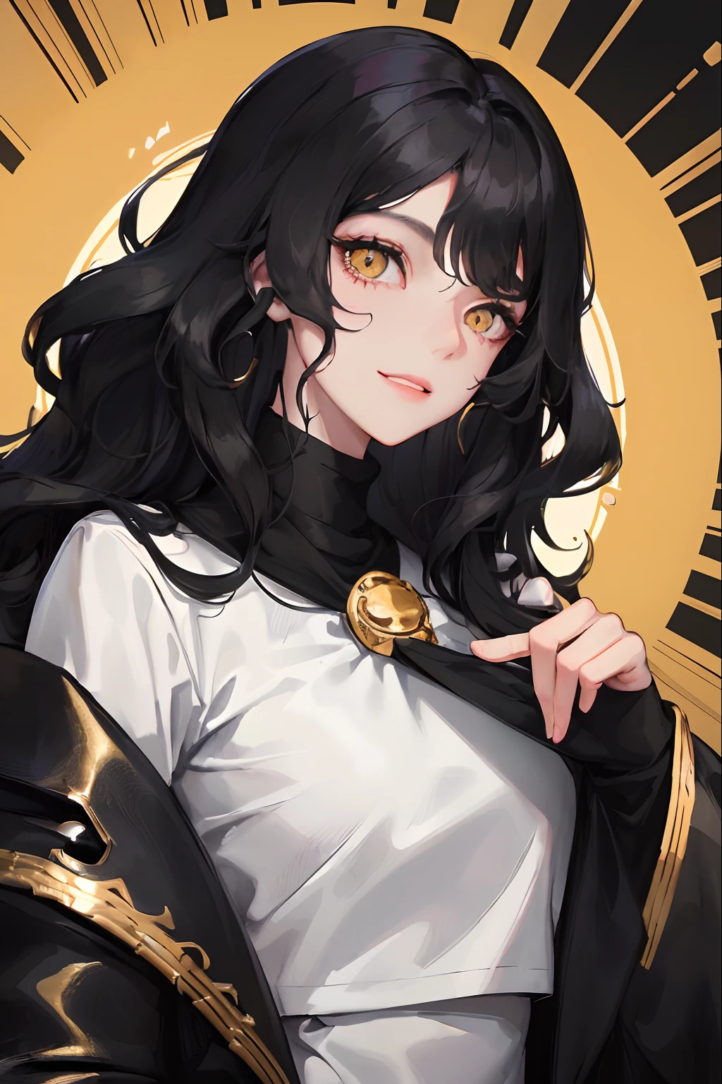 1woman, ((long wavy half-white, half-black hair)), swept bangs, ((golden eyes)), fake smile, unnerving smile, black turtleneck, pirate coat, dark sky, pretty eyes