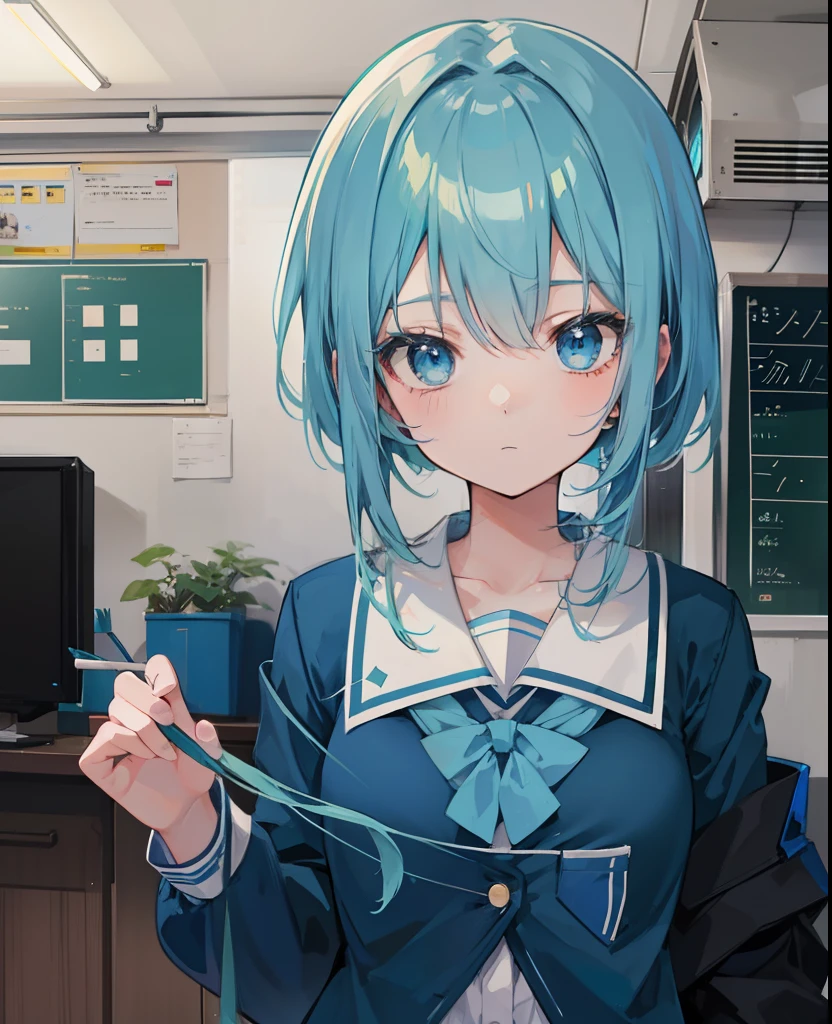 lightblue hair,dual horsetail,Blue pupil,Green and white school uniforms,A cute cute girl