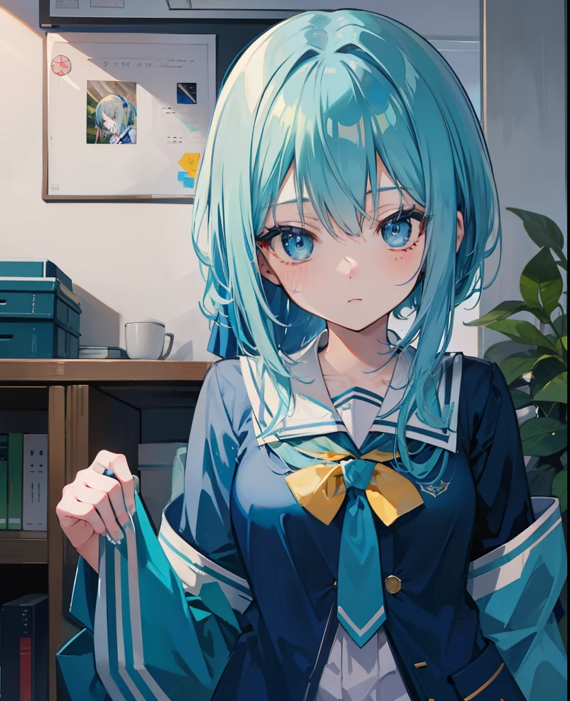 lightblue hair，dual horsetail，Blue pupil，Green and white school uniforms，A cute cute girl