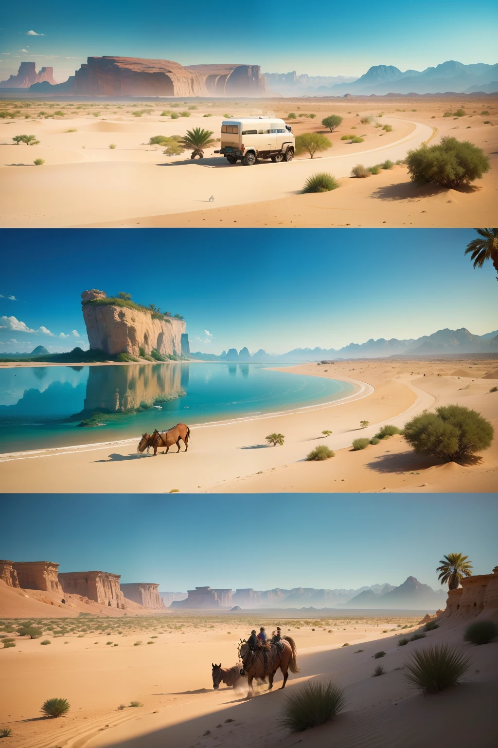 Paisagem , pintura, obra tipo Van Gogh, de um oasis no deserto com camelos, cavalos e uma tenda.