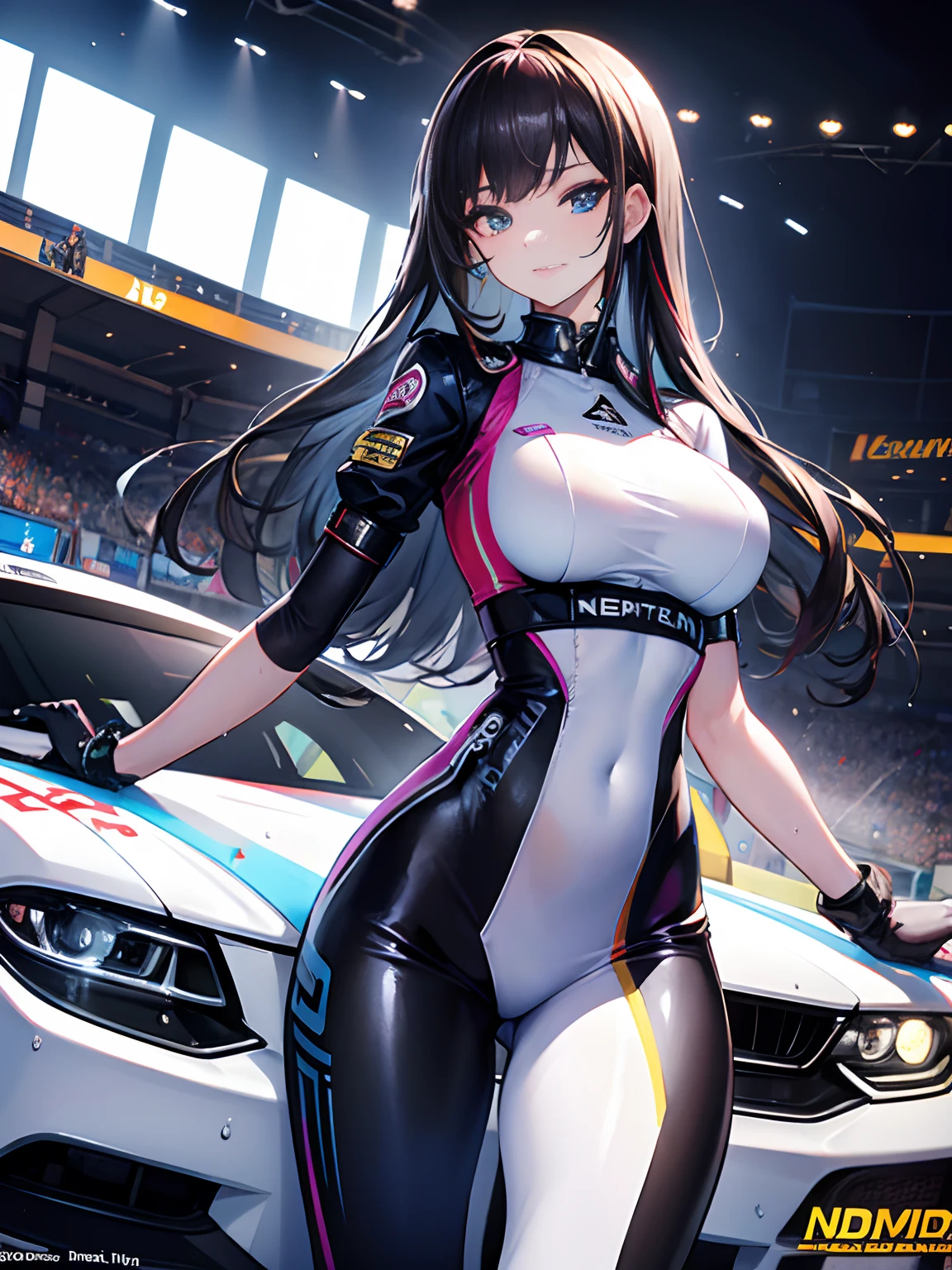 Unreal Engine 5 Realistic Rendering, cosplayer, Random Posing, Race Queen、Uniform with logo、 Exquisite beauty、Beautiful face, Body shape of slim model, Colossal tits, shiny, wet shiny body, Black and multicolored hair, dark brown skin, neons、Large crowds、audience、Forming an emperor、Drag racing、Midsommar Racing Circuit、racing car、Lower grade、Large crowds、Spectators、Sexy Beauties、Extraordinary Beauty、