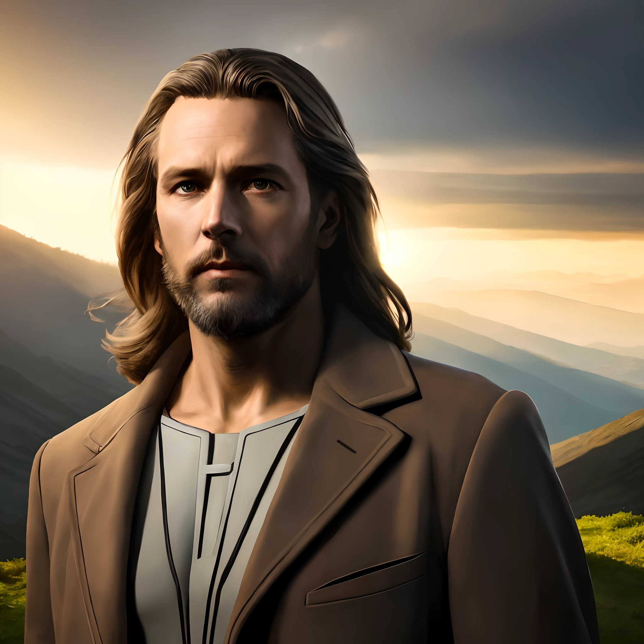 arafed man with long hair and beard standing in front of a mountain, inspirado em John Noble Barlow, Greg Olsen, Tron legado Jesus Cristo, Tron legado Jesus, foto de retrato de pintura fosca, Jesus Cristo em Mass Effect, inspirado em Christophe Vacher, Travis Fimmel como um Mestre Jedi, Marcos Adamus, inspirado em Carl Heinrich Bloch, Cyberpunk Jesus Cristo