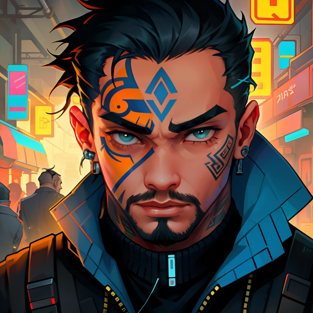 A man with a tattoo on his forehead on the right side as if the right side were a cyberpunk robot should contain the tattoo only on the right side of the forehead as if the right part had torn apart with a mechanical robot part