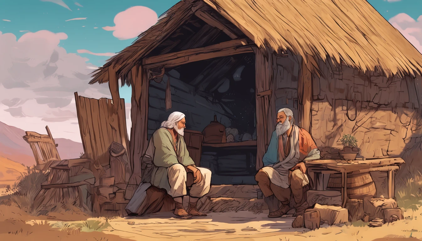 Illustration of Luka's encounter, o jovem pescador angustiado, e Aelius, The wise elder, In front of the hut, where they share a deep conversation that will change the course of Luka's life