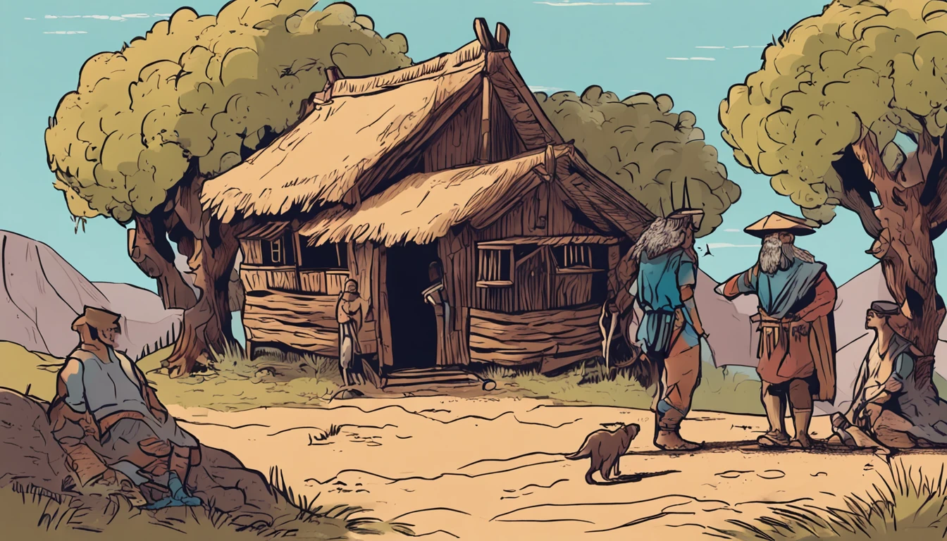 Illustration of Luka's encounter, o jovem pescador angustiado, e Aelius, The wise elder, In front of the hut, where they share a deep conversation that will change the course of Luka's life