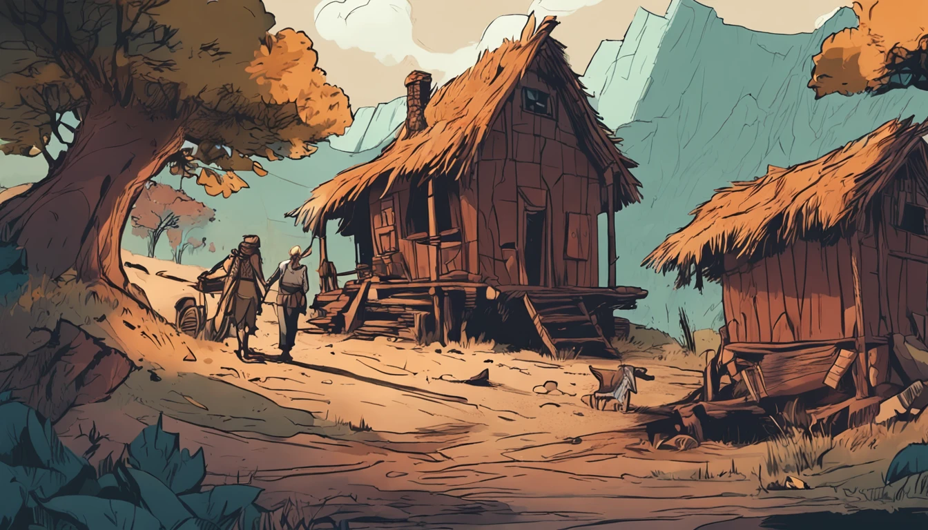 Illustration of Luka's encounter, o jovem pescador angustiado, e Aelius, The wise elder, In front of the hut, where they share a deep conversation that will change the course of Luka's life