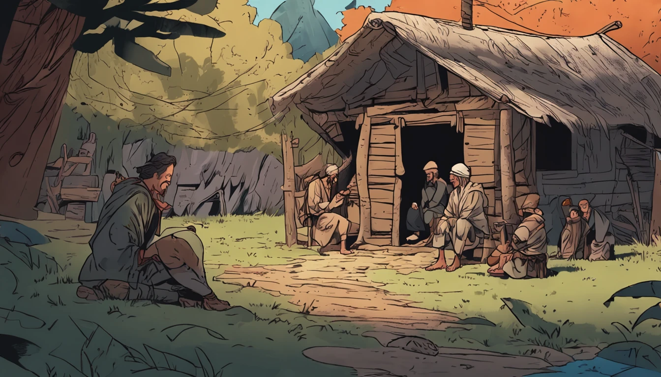 Illustration of Luka's encounter, o jovem pescador angustiado, e Aelius, The wise elder, In front of the hut, where they share a deep conversation that will change the course of Luka's life