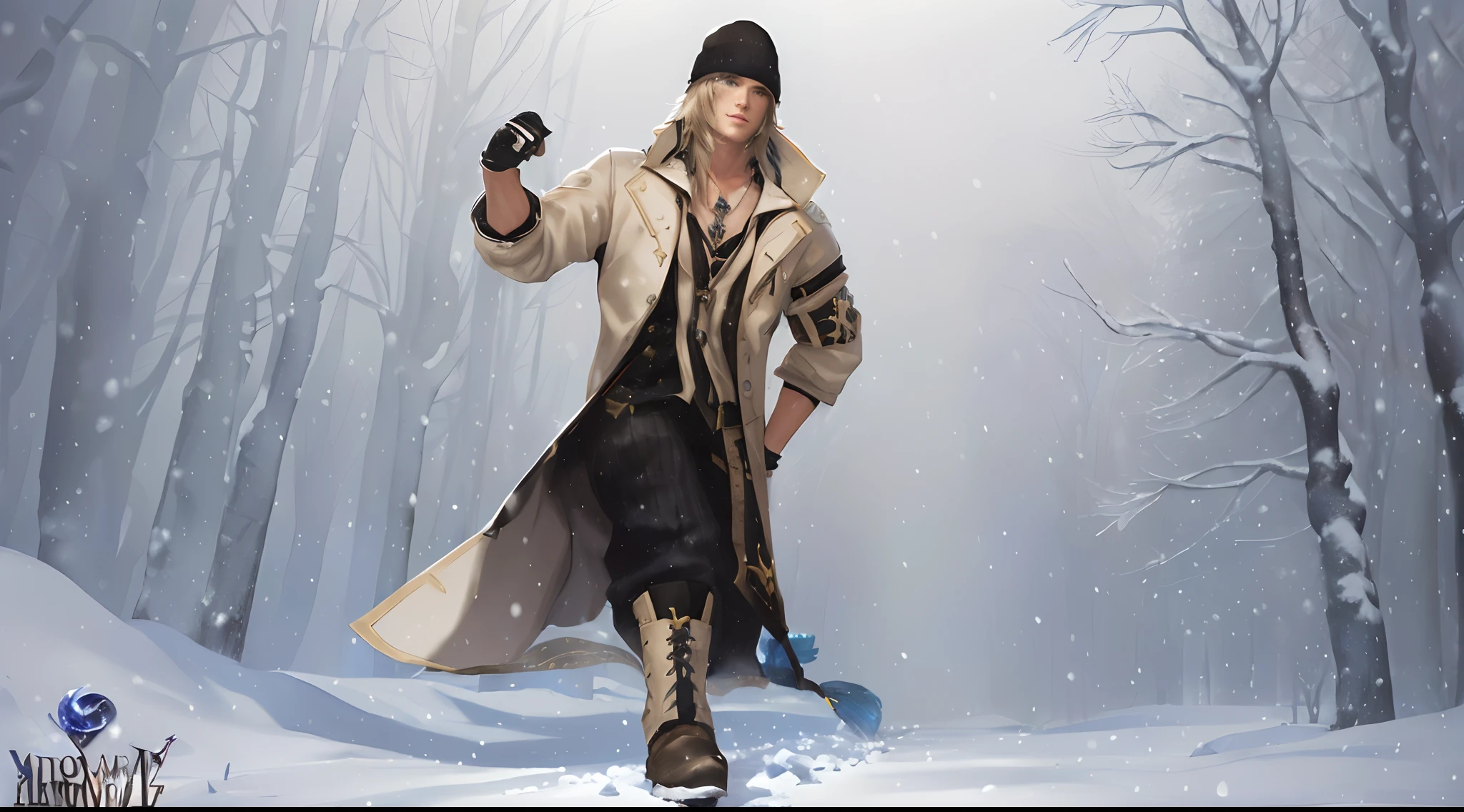 Snow Villiers, Final Fantasy XIII, ojos azules hermosos, mirada atractiva, cabello rubio, gorro totalmente negro y guantes negros, gabardina beige sostenida en la mano, Camisa negra holgada, estilo de mmorpg, Hombre guapo, Muscles of anatomical and detailed proportions.
