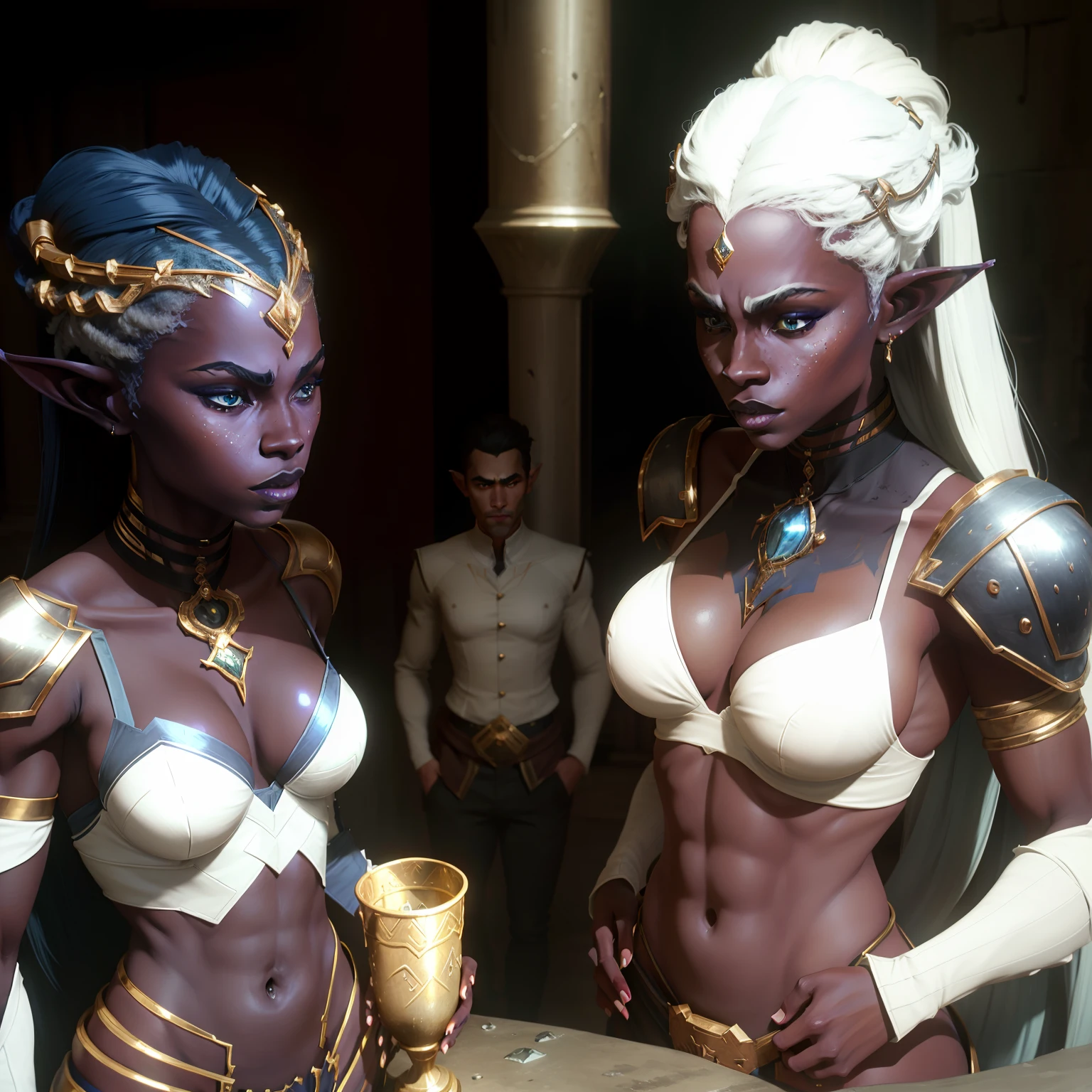 Dark elven queen, dark elf, elf queen, elven queen, thin waist, big boobs, black armored pauldrons, black armored gauntlets, white bra, white hair, dark blue skin, blue skin, one beautiful elf woman,
