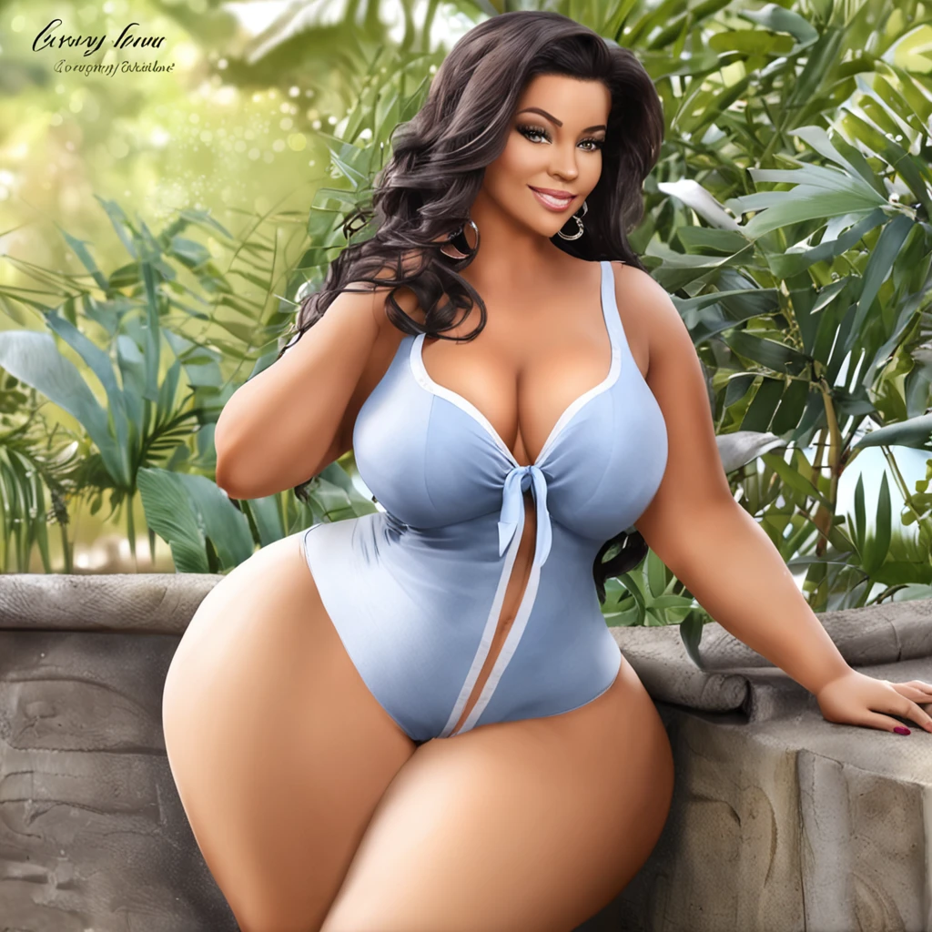 Mulher latina posando com peitos grandes e seios grandes, body curvy, curvy model, corpo voluptuoso, Figura voluptuosa, corpo grande, belas curvas, soft curvy shape, figura curva, Curvaceous. circunstanciado, light curvy details, curvas femininas atrativas, corpo perfeito fotorrealista, voluptuoso e excitante, curvy hourglass figure, usando um vestido azul claro, bunda grande, ass