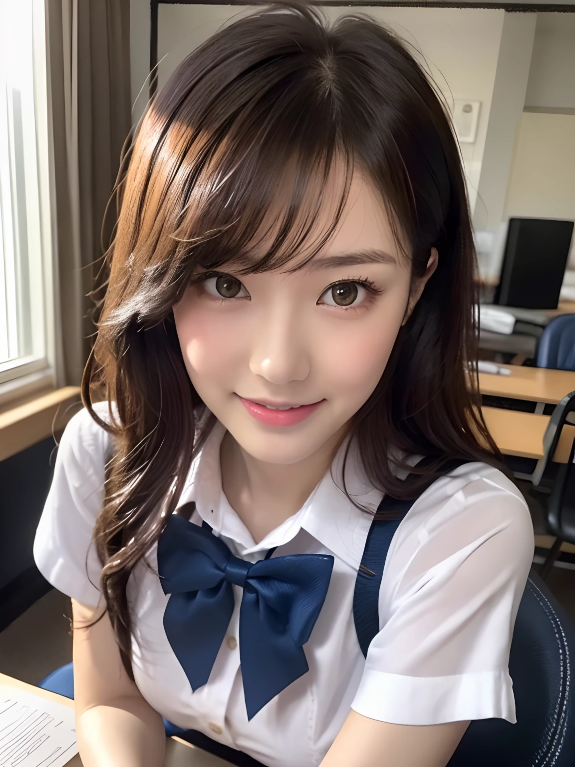 masutepiece, upperbody shot, Front view, 1 woman per 1 photo, a Japanese young pretty woman, hyper pretty face, 18 years old, studying at a desk in a library of school, A big smile, Glamorous figure, wearing a short sleeves shiny silky white collared shirt with shiny satin red plain bow tie, Glossy lips, Sweaty body, Double eyelids in both eyes, Natural makeup, long eyelashes, shiny smooth light brown hair of medium length, asymmetrical bangs, skin tanned, wearing a dark blue pleated skirt, central image, 8K resolution, high detailing, detailed hairstyle, A detailed face, spectacular movie lighting, Octane Rendering, Vibrant, A hyper-realistic, Perfect limbs, Perfect Anatomy