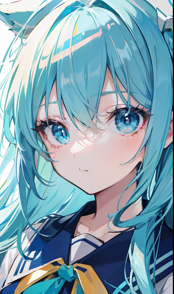 lightblue hair,dual horsetail,Blue pupil,Green and white school uniform,A cute cute girl