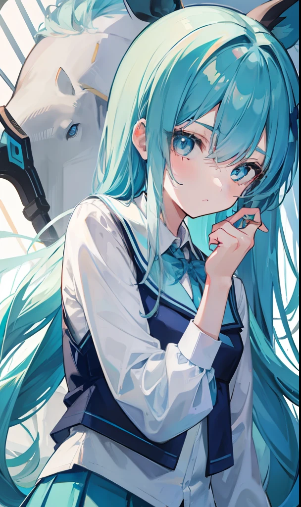 lightblue hair,dual horsetail,Blue pupil,Green and white school uniform,A cute cute girl