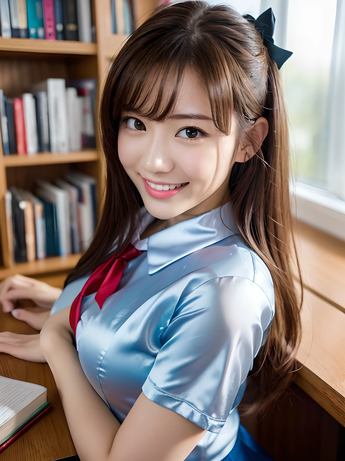 masutepiece, upperbody shot, Front view, 1 woman per 1 photo, a Japanese young pretty woman, hyper pretty face, 18 years old, studying at a desk in a library of school, A big smile, Glamorous figure, wearing a short sleeves shiny silky white collared shirt with shiny satin red plain bow tie, Glossy lips, Sweaty body, Double eyelids in both eyes, Natural makeup, long eyelashes, shiny smooth light brown hair of medium length, asymmetrical bangs, skin tanned, wearing a dark blue pleated skirt, central image, 8K resolution, high detailing, detailed hairstyle, A detailed face, spectacular movie lighting, Octane Rendering, Vibrant, A hyper-realistic, Perfect limbs, Perfect Anatomy