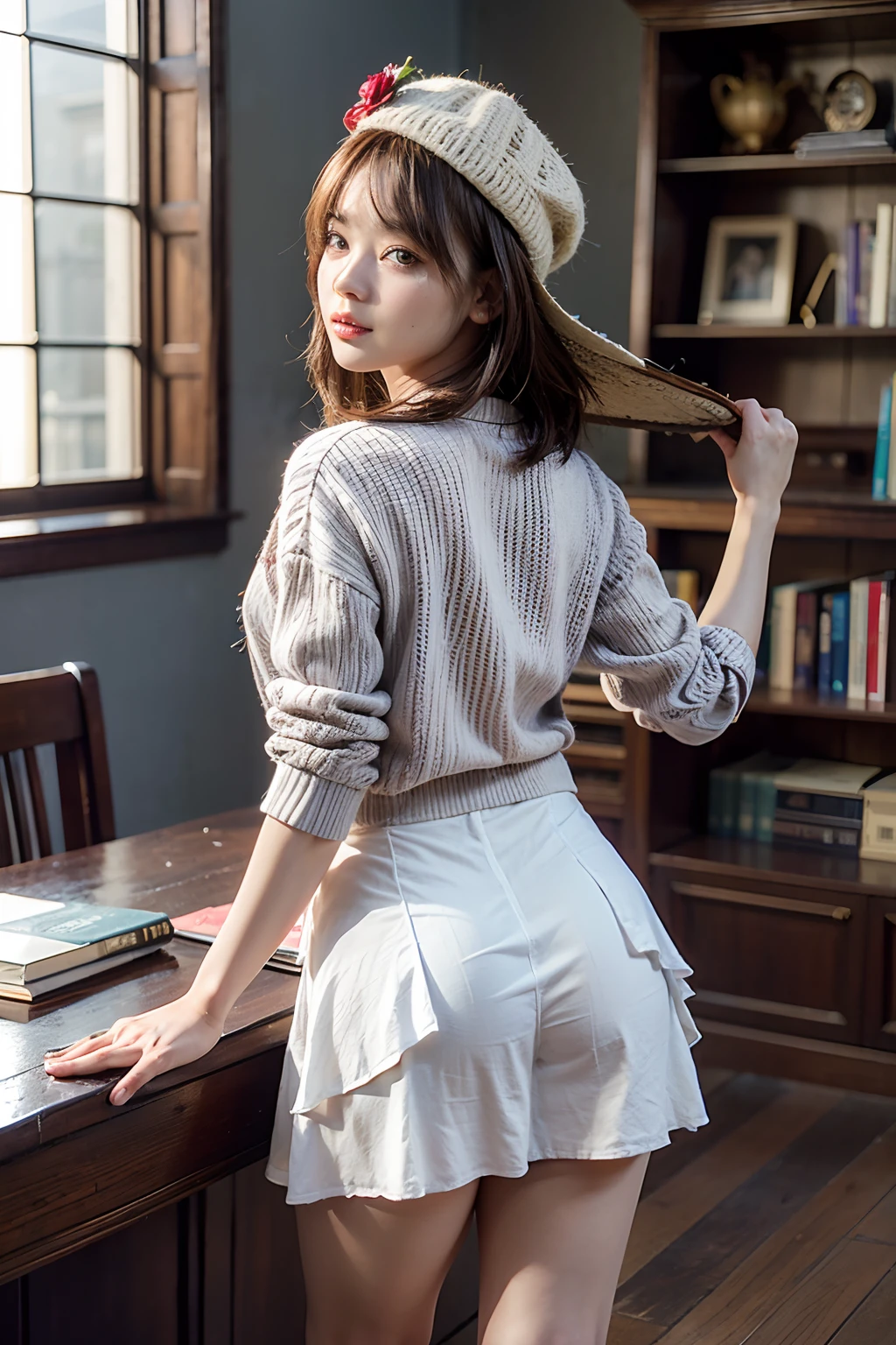 Girl Going to the Library, Mini Skirt, Brown Hair, ((Best Quality, 8K, Masterpiece: 1.3)), (Flower Cap: 1.3), Focus: 1.2, Perfect Body Beauty: 1.4, Ass: 1.2, (Layered Haircut: 1.2))