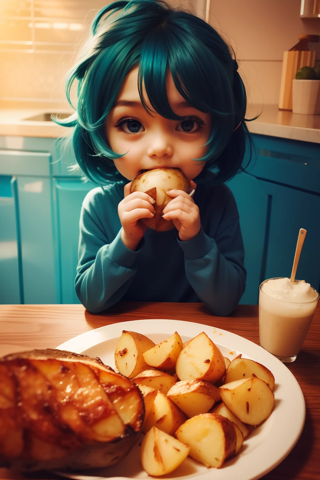 blue hair, short hair, eats potatoes