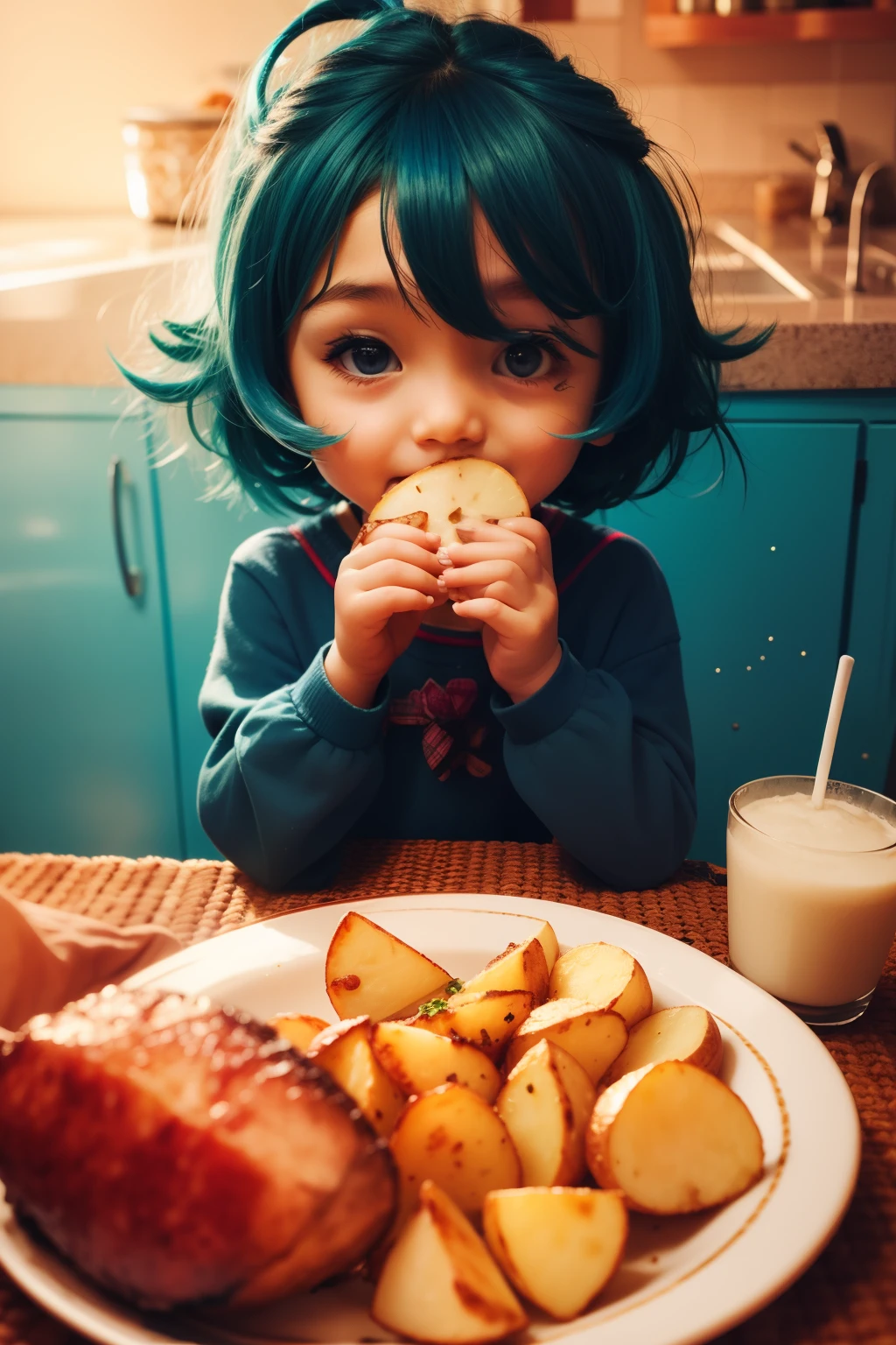 blue hair, short hair, eats potatoes