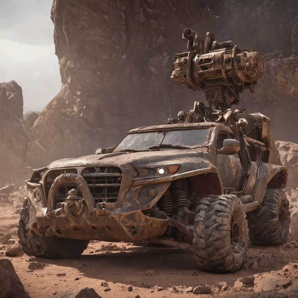 rage2vehicle_v2, perspective vision, fast driving vehicle on the road, large engine and tailpipe, machine guns,