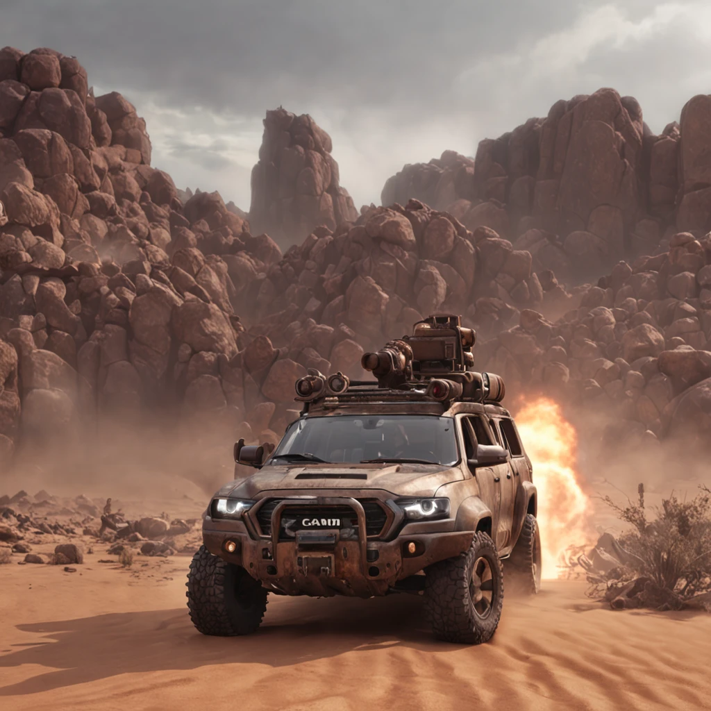 (extremely detailed CG unity 8k wallpaper), high contrast, dystopian future, post-apocalyptic wasteland, intense action, rugged and gritty, iconic vehicles, wasteland warriors, desolate landscapes, cinematic composition, dramatic lighting, intense atmosphere