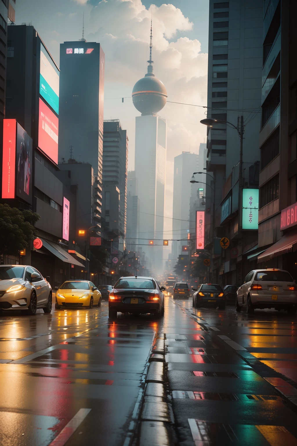 paisagem futuristica, detalhada, em rua automatizada com carros flutuantes, ao entardecer, com chuva, e rua estilo cyberpunk japones