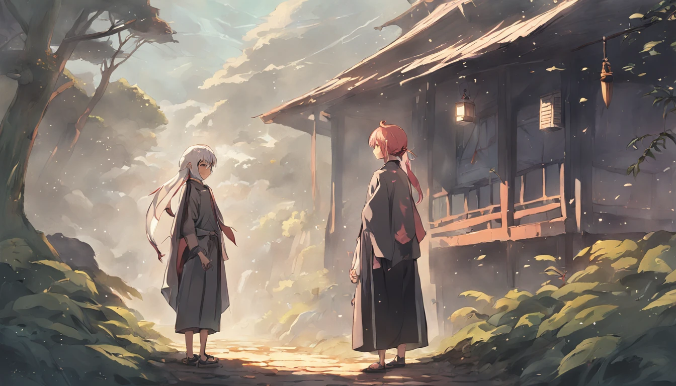 Illustration of Luka's encounter, o jovem pescador angustiado, e Aelius, The wise elder, In front of the hut, where they share a deep conversation that will change the course of Luka's life