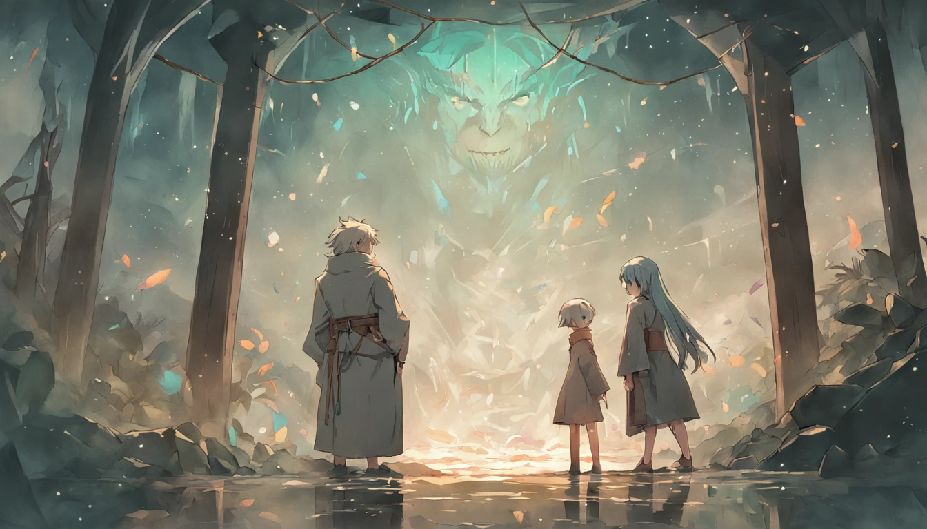 Illustration of Luka's encounter, o jovem pescador angustiado, e Aelius, The wise elder, In front of the hut, where they share a deep conversation that will change the course of Luka's life