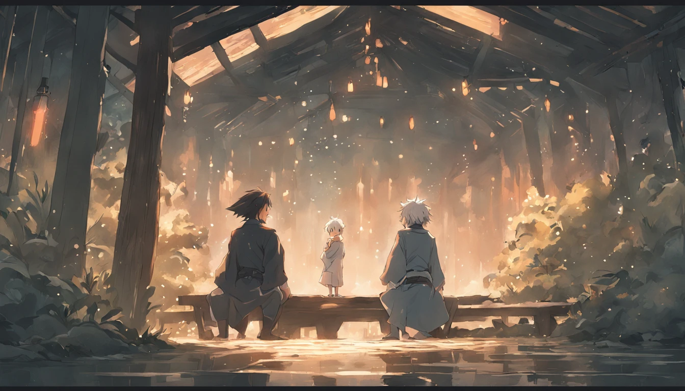 Illustration of Luka's encounter, o jovem pescador angustiado, e Aelius, The wise elder, In front of the hut, where they share a deep conversation that will change the course of Luka's life