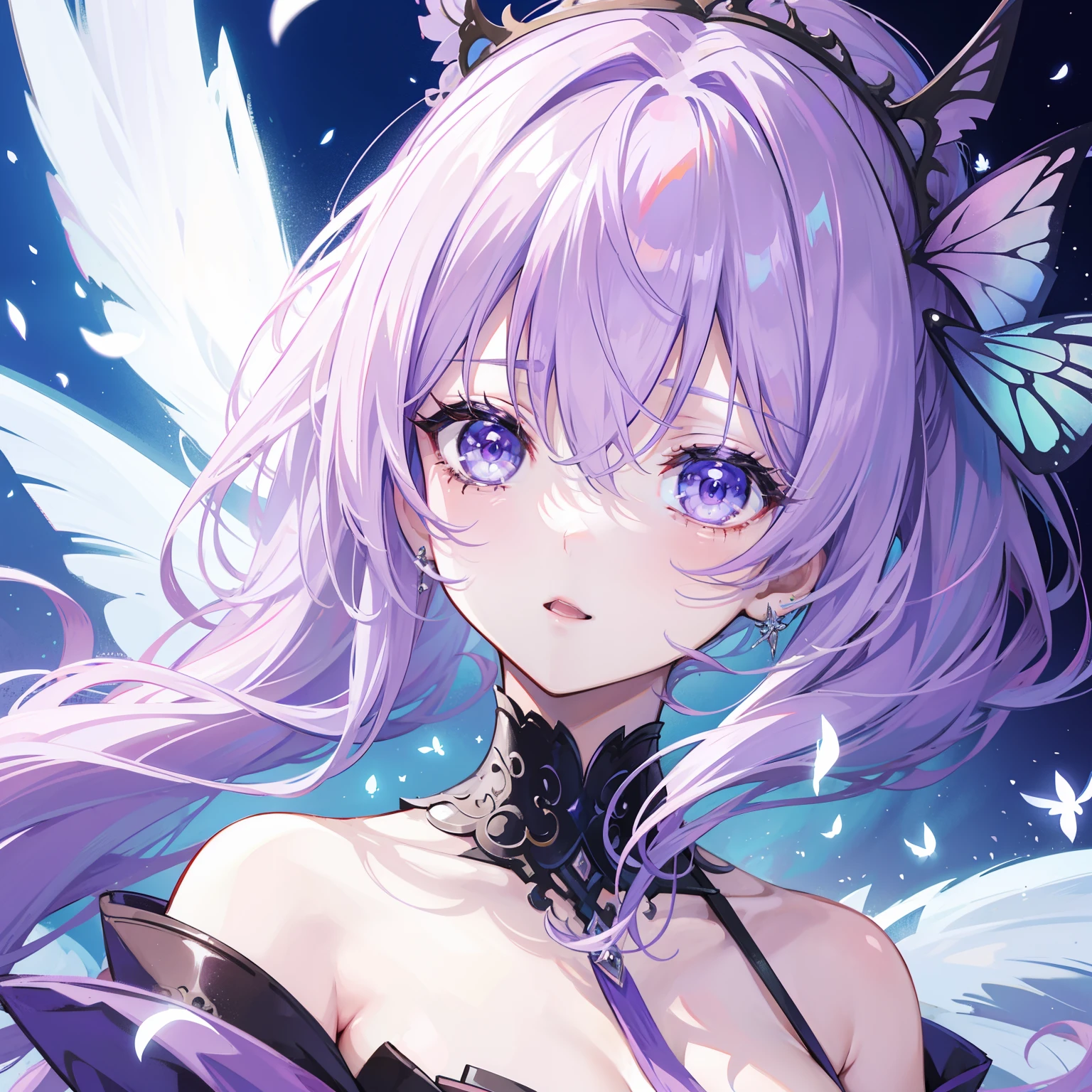 top-quality、Light purple hair、poneyTail、a beauty girl、hair adornments、Fantasia、Opening Mouth、Troubled face、butterflys々、illustratio、4K