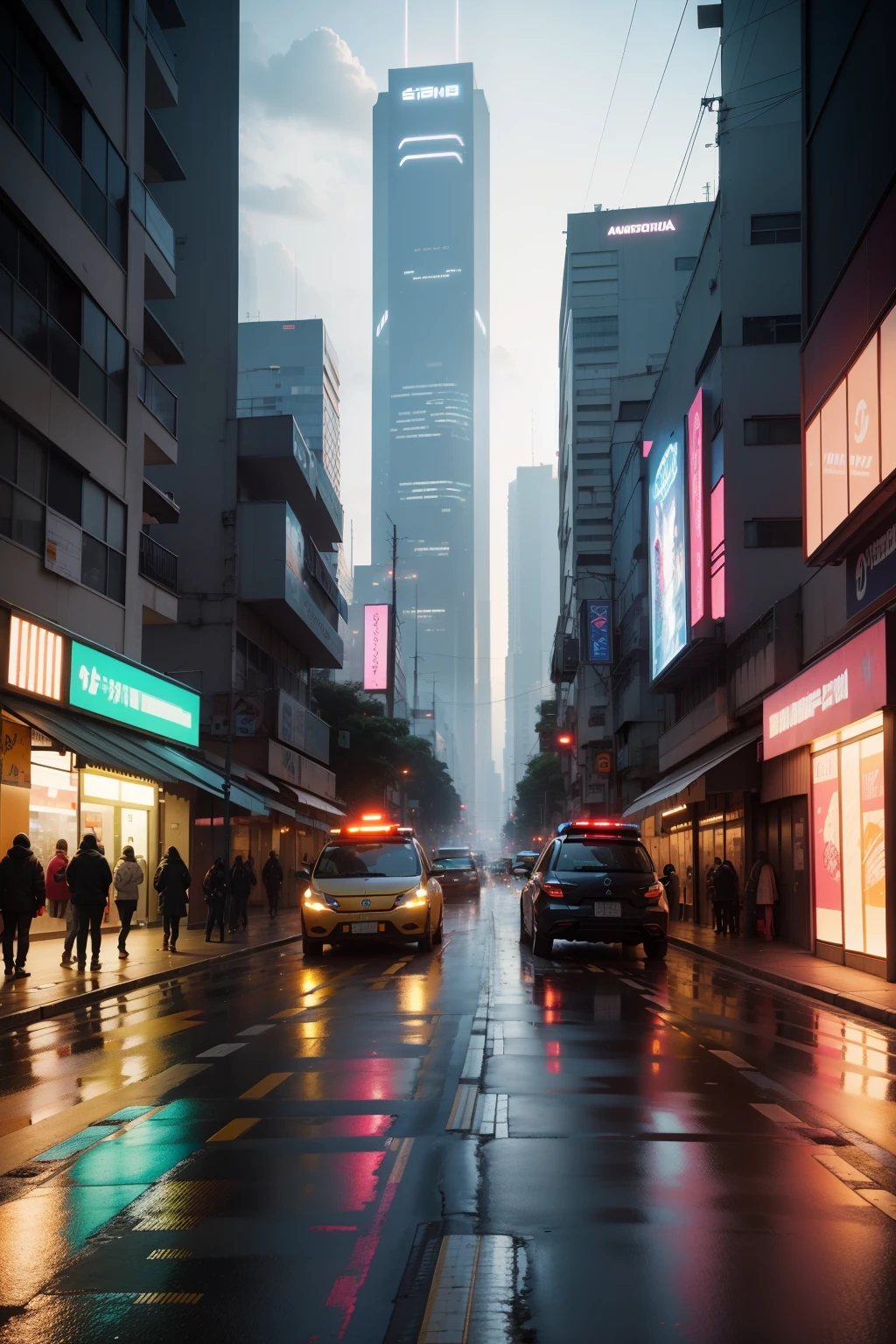 paisagem futuristica, detalhada, em rua automatizada com carros flutuantes, ao entardecer, com chuva, e rua estilo cyberpunk japones