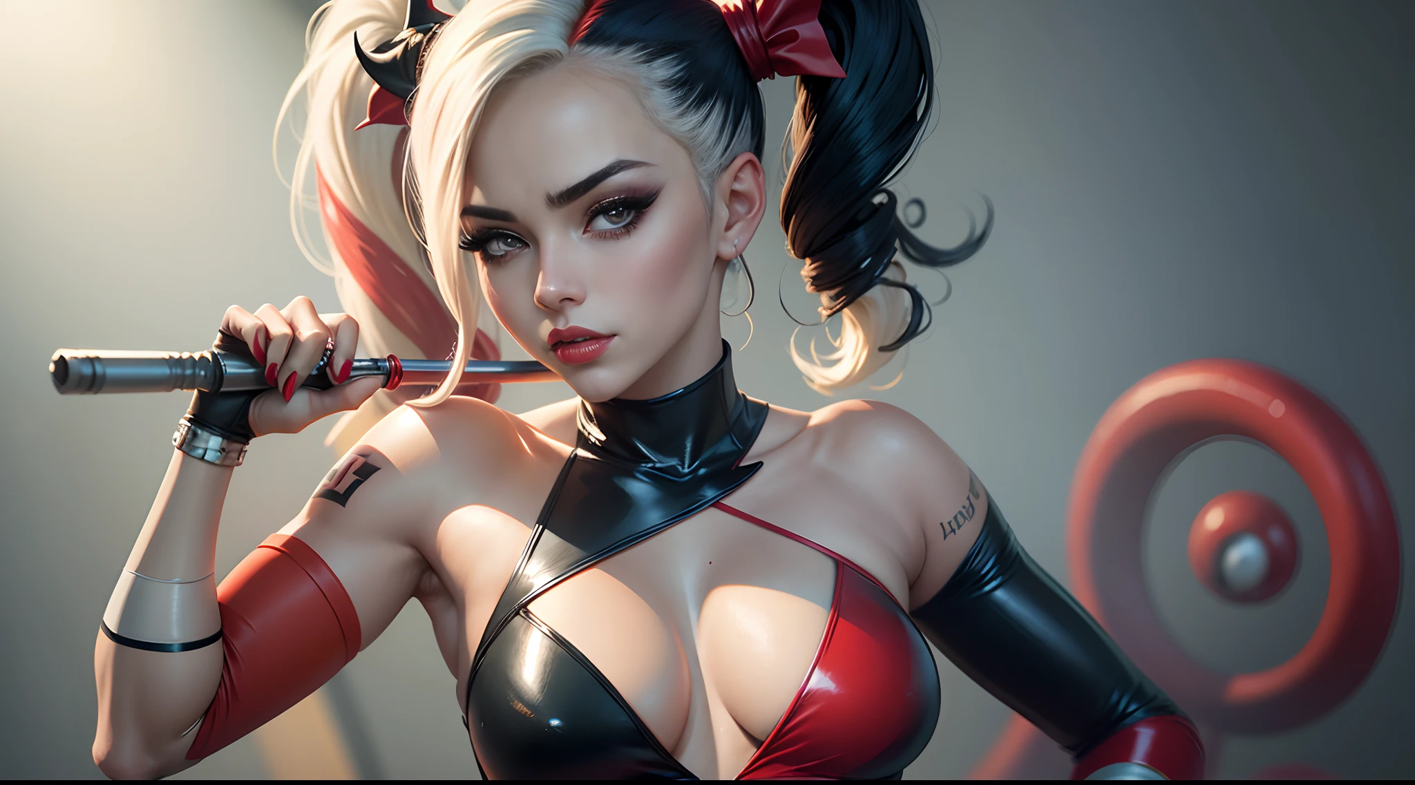 um close up de um personagem de desenho animado segurando um taco de beisebol, Arlequina, de Arlequina, Harley Rainha, trending artgerm, Harley Quinn standing, Retrato de Arlequina, Rossdraw 2. 5, [HD 32k]^10, Artgerm extremamente detalhado, Artgerm e RossDrew, lady gaga is harley quinn