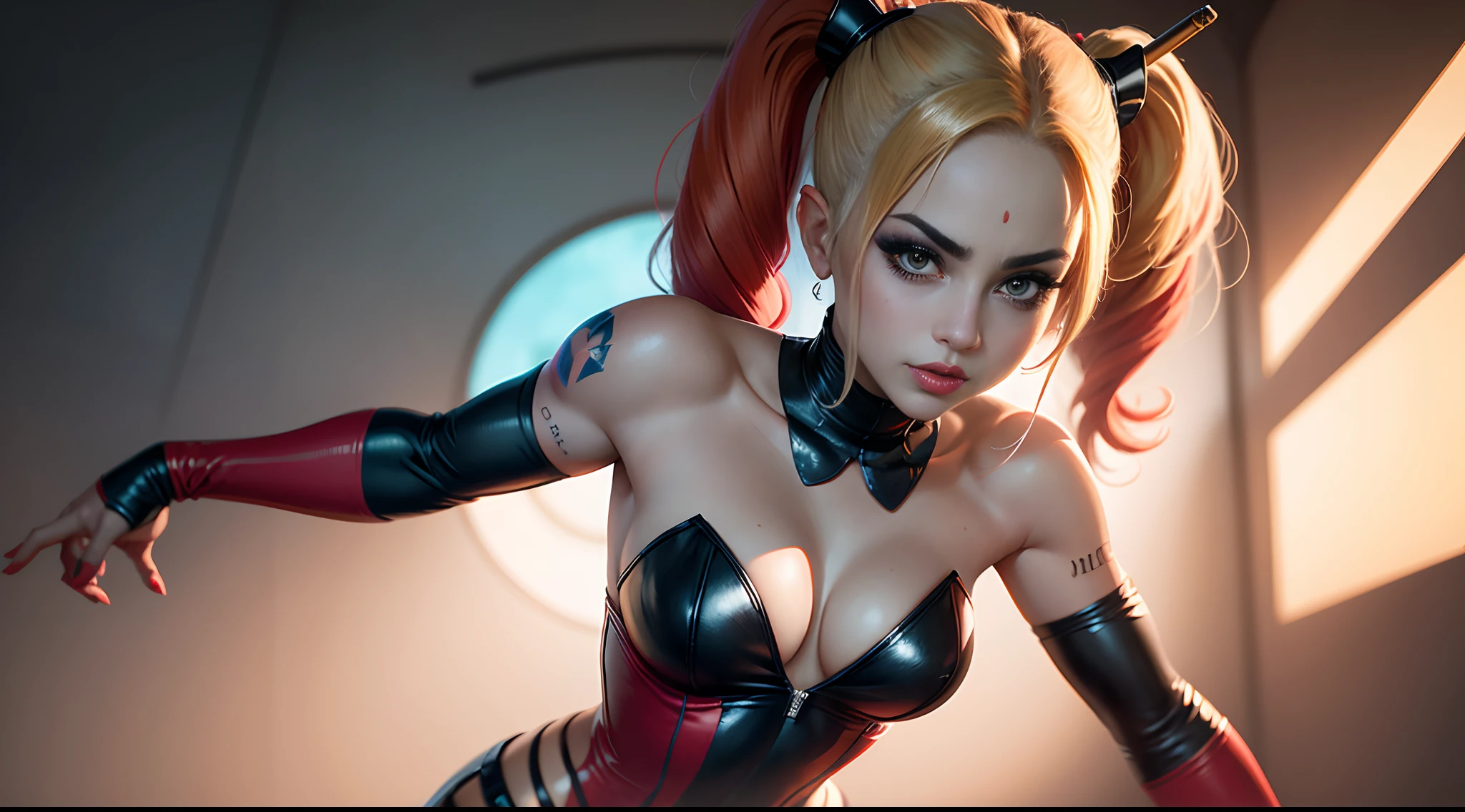 um close up de um personagem de desenho animado segurando um taco de beisebol, Arlequina, de Arlequina, Harley Rainha, trending artgerm, Harley Quinn standing, Retrato de Arlequina, Rossdraw 2. 5, [HD 32k]^10, Artgerm extremamente detalhado, Artgerm e RossDrew, lady gaga is harley quinn