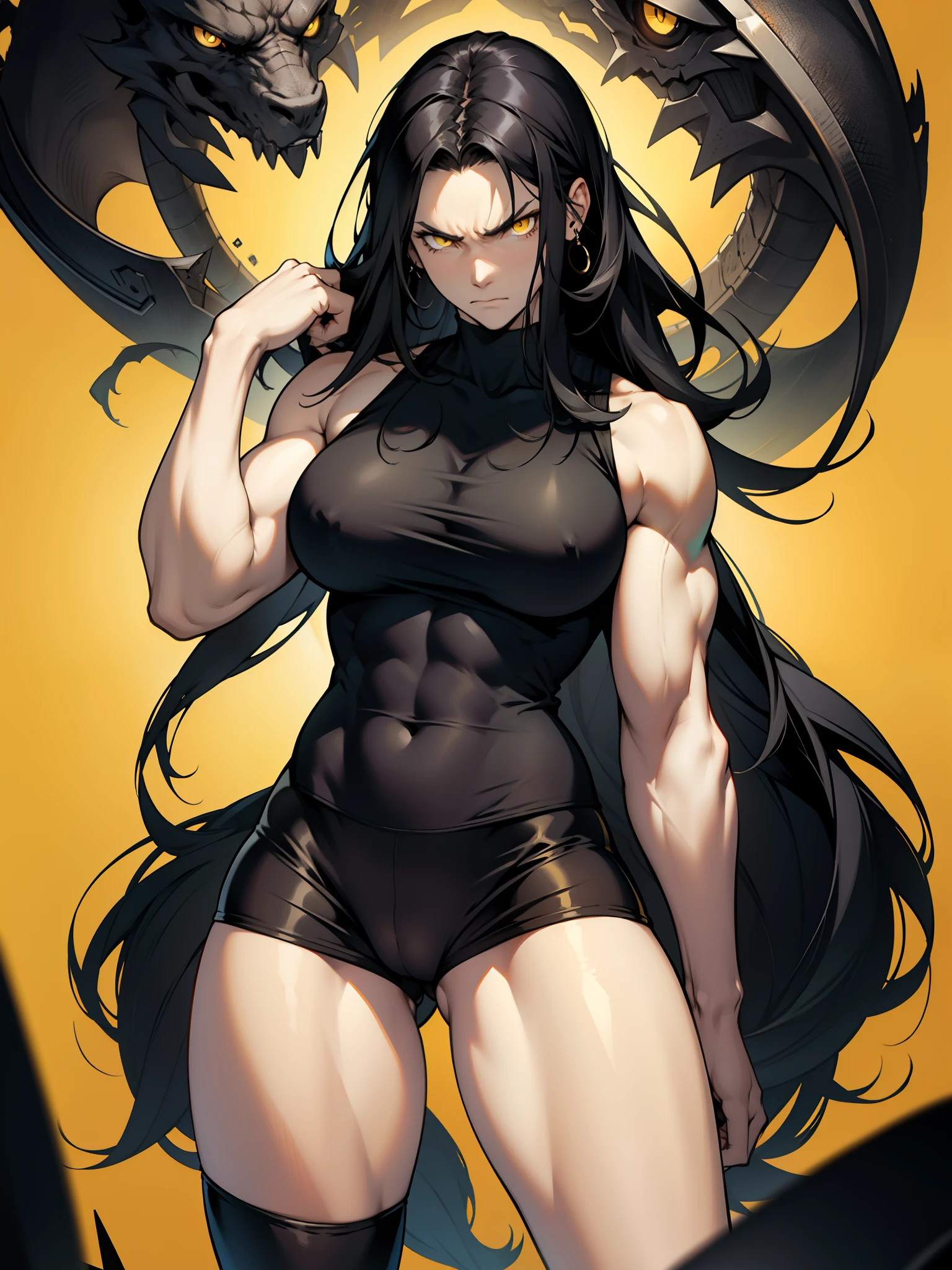 black hair, extremely long hair, yellow eyes, pale skin, muscular, large breasts, thick thighs, angry, leggings, tank top, single color background