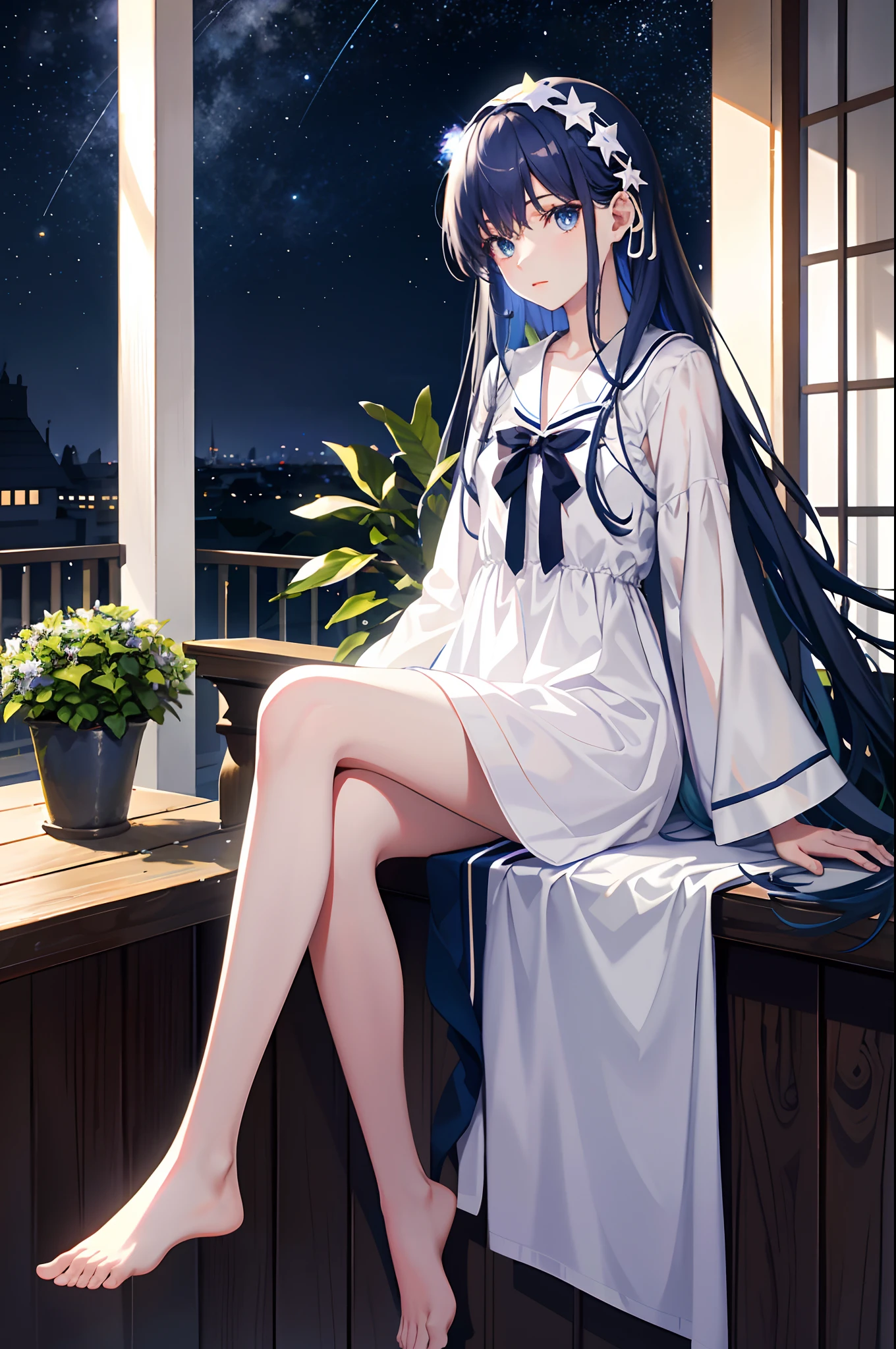 Starry sky overhead, Sitting on the balcony, A plant, one-girl, dark-blue hair,long whitr hair,eBlue eyes,pyjamas, Long legs,White legs,The barefoot, bow hair band, Motion blur, 8K, Super detail, High details, Best quality