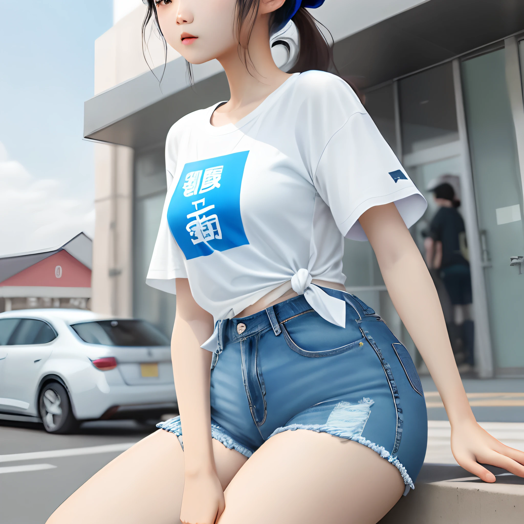 The one she's wearing today,The top is a white T-shirt with a blue print,The pants are Qi 13 denim shorts,Tied with a high ponytail,At first glance, it looks like a pure girl feeling full of youth。