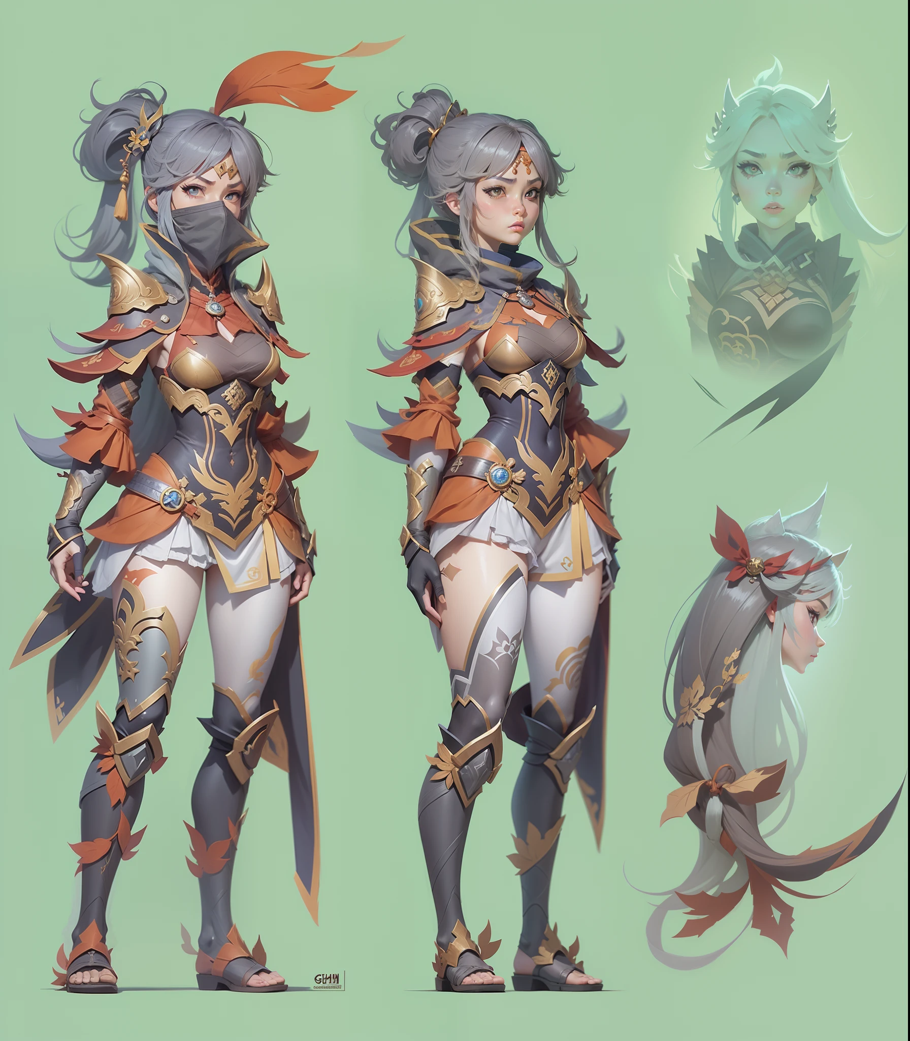 Character design, warrior girl, Concept art, genshin impact style, gray plain background