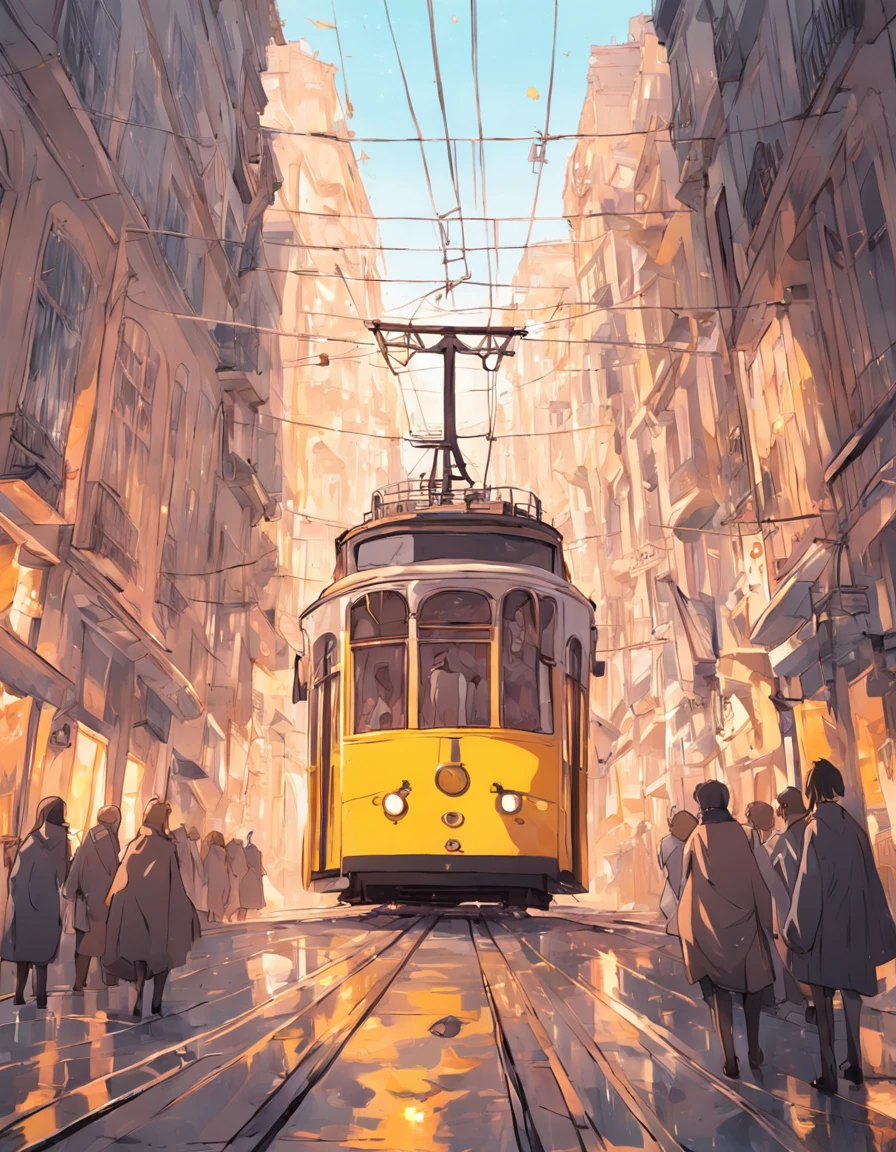 Simple lineart of a yellow Lisbon Tram 28, with flat colors, (((front-facing))), bold black lines, on a white background.