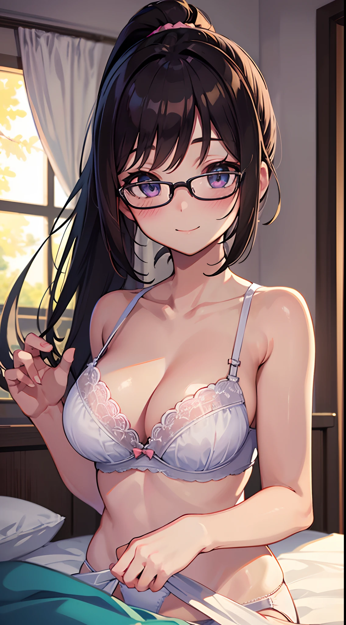 ((masterpiece)), ((best quality)), (ultra-detailed), ((kawaii)), cute, (lovely), ((extremely detailed)), 4K, (8K), best quality, (beautiful), anime style, upper body, focus on the face, in the room, on the bed, morning, summer, a cute girl, 1girl, solo, underwear, beautiful dark brown hair, beautiful purple eyes, ((beautiful eyes)), white-skinned, ponytail, large breast, glasses, light smile, blush, lens flare