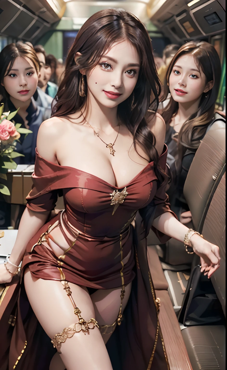 ((Top Quality, 8K, Masterpiece: 1.3)), (Intricate Detail), Perfect Detail Face, Detailed Eyes, Very Detailed, Blushing, Hair Ornament, Lipstick, (Layered_necklaces:1.2), Detailed Background, Realistic Photo, Sharp Focus: 1.2, Perfect + Slender Style, ((Looking at the camera))), Yawn with open mouth, ((cute smile)), Beautiful, beautiful, beautiful two sisters, famous in the world for sweating profusely, waist constriction, beautiful legs, taut skin, very detailed face and skin texture, detailed eyes, double eyelids, thin cheeks, healthy skin, (layered hairstyle, dark brown hair), ((Cabin attendant uniform: 1.2)))), (exposed chest), ((off-shoulder: 1.5)), (disheveled clothes and hair: 1.3)), ( big butt emphasis), big breasts, (natural breasts, natural cleavage), ((in an incredibly crowded plane)), from below, ((terribly happy look)), (seductive appearance: 1.5), (Desert_sunset_background:1.4),
