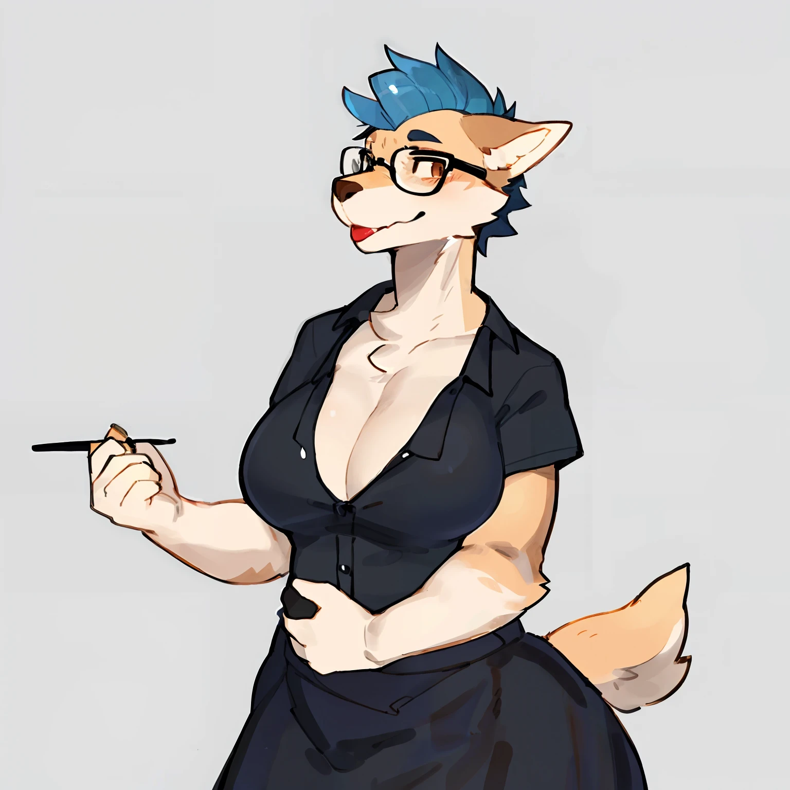Solo, ((female)), standing, by buta99, by bigcozyorca, by goonie-san, black button up shirt, dress skirt, lipstick, glasses, canine, tall silver mohawk, ((snout)), cleavage