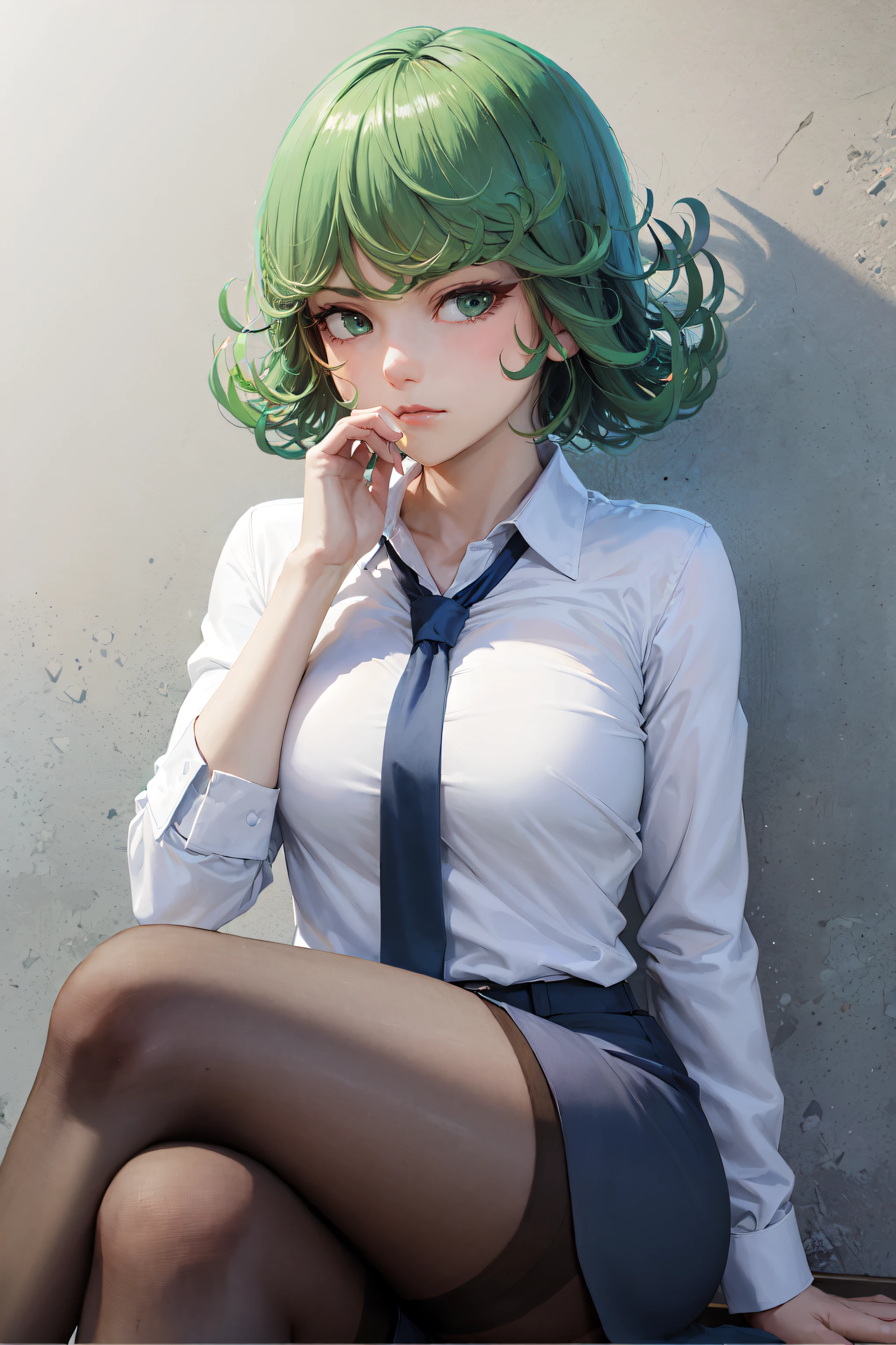 (masterpiece, best quality:1.2), solo, 1girl, tatsumaki, unamused, closed mouth, looking at viewer, hand on own face, sitting, crossed legs, collared shirt, necktie, skirt, pantyhose