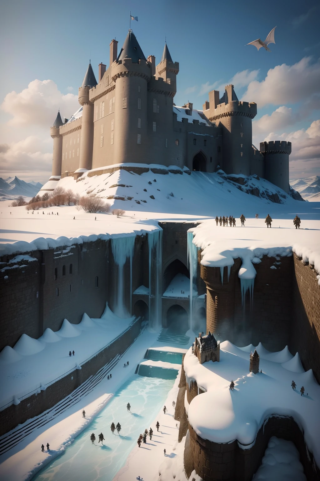 castelo de winterfell, de game of thrones, with army in front and dragons flying in front of the ice wall