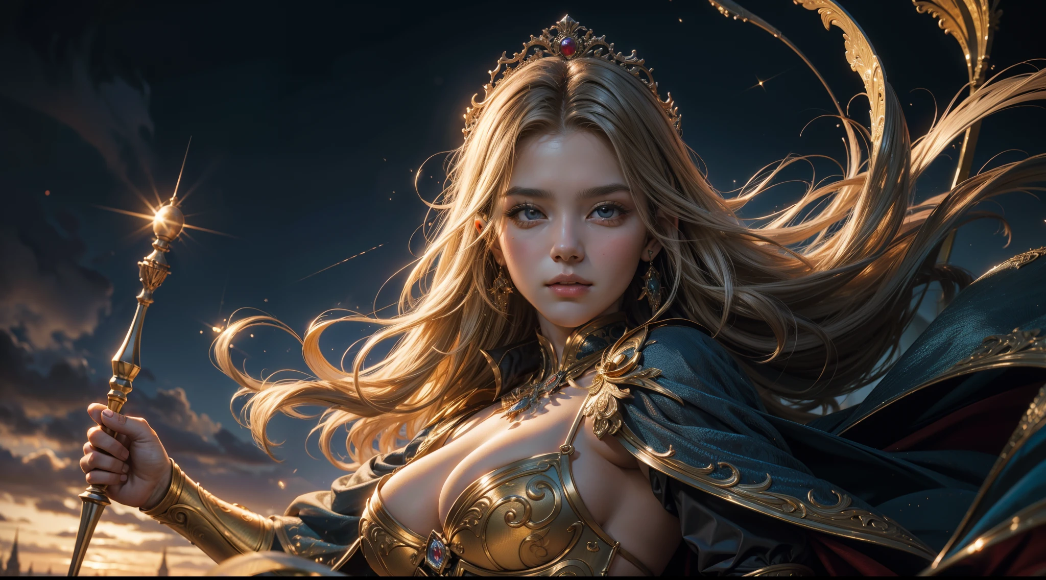 tmasterpiece,top-quality,best qualityer,offcial art,Beauty and aesthetics:1.2),(tmasterpiece:1.3), (8K, realisticlying, RAW photos, best qualtiy: 1.4), beauitful face, (photorealiscic face),超高分辨率, Ultra photo realsisim, highly detailed, the golden ratio, (Award-winning digital artwork:1.3) af (sketching:1.3),(with dynamism:1.3),(Saturation:1.3),(Close portrait:1.3),illusory engine, (High detail: 1.9),(femele:1.4),(big breasts beautiful: 1.4),(carismatic:1.3),Female elf,Large breasts,upperbody shots,dramatics,magia,robe,The background is the castle,sceptre