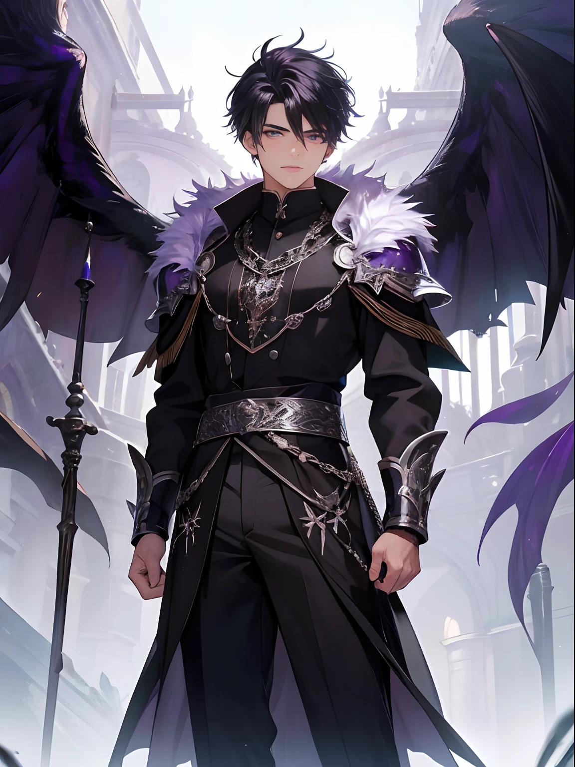 An attractive, muscular 16-year-old boy with violet eyes, He wears a black robe with trousers and intricate silver armor, dos grandes alas casi de su estatura de plumas negras y rojas crecen de sus hombros