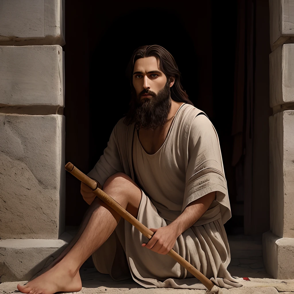 Man sitting on steps with a stick in his hand, Homem de Roma Antiga, Jesus Cristo Fumando um Blunt, Alexey Egorov, Nicodemos, Directed by: Artur Tarnowski, biblical art style, jesus of nazareth, Vestido como Jesus Cristo, inspired by Theophanes, o grego, Jesus, biblical clothing, filme ainda 8K, Pedro